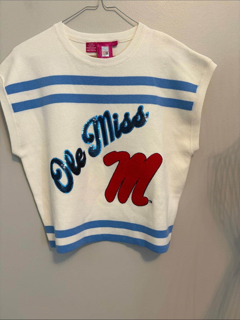 QUEEN OF SPARKLES Cream and Blue Striped Ole Miss Crewneck Sweater NWOTs